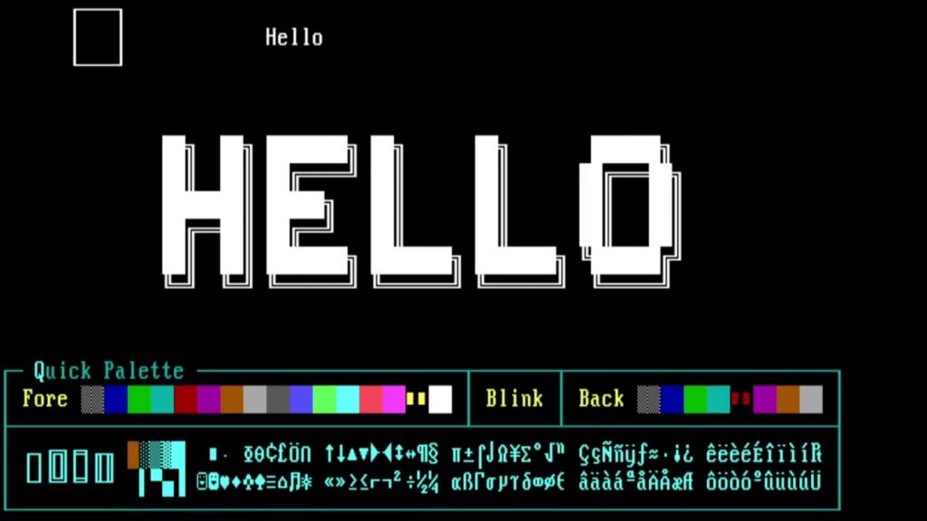 La tela di disegno di TheDraw, con disegnata la scritta 'HELLO'